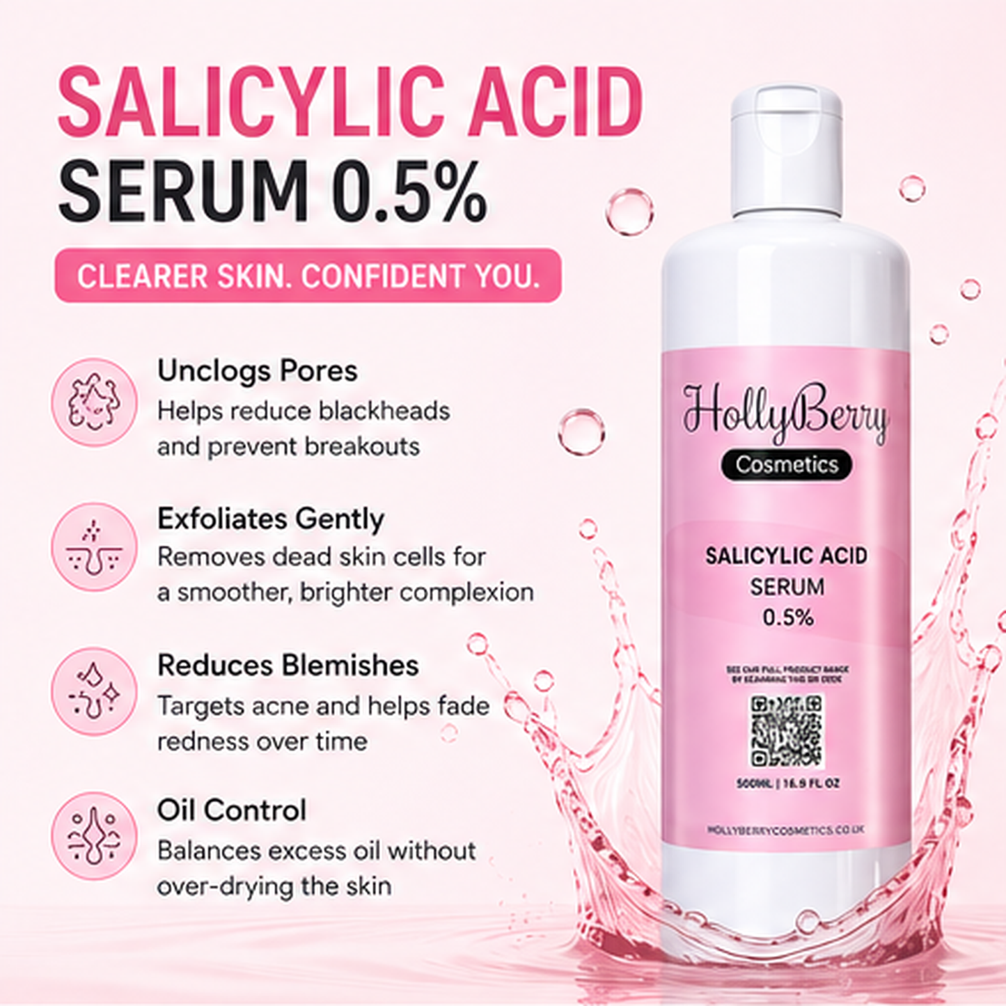Salicylic Acid Serum 500ml (0.5%) with Hyaluronic Acid – Large Professional Size BHA Exfoliating Serum for Acne, Blackheads & Oily Skin – Pore Minimizer, Hydrating Face Serum for Breakouts, Blemish Control & Clear Skin