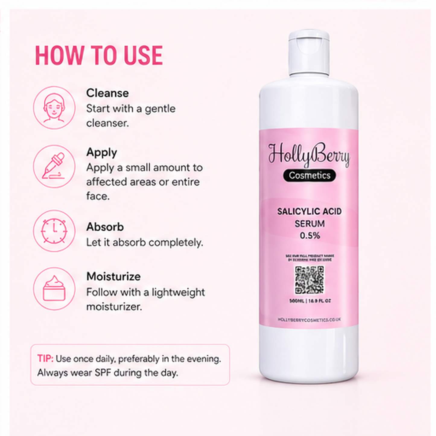 Salicylic Acid Serum 500ml (0.5%) with Hyaluronic Acid – Large Professional Size BHA Exfoliating Serum for Acne, Blackheads & Oily Skin – Pore Minimizer, Hydrating Face Serum for Breakouts, Blemish Control & Clear Skin