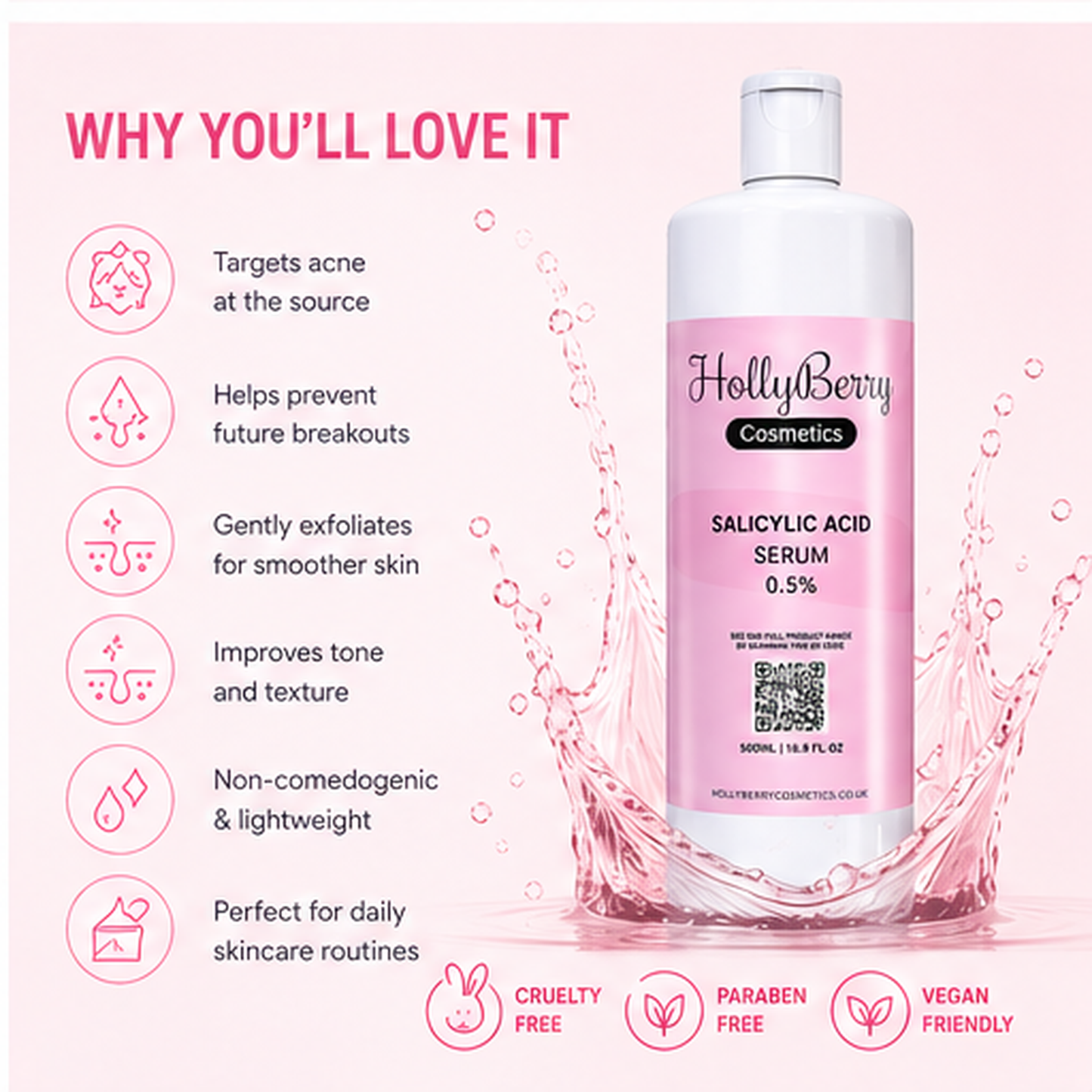 Salicylic Acid Serum 500ml (0.5%) with Hyaluronic Acid – Large Professional Size BHA Exfoliating Serum for Acne, Blackheads & Oily Skin – Pore Minimizer, Hydrating Face Serum for Breakouts, Blemish Control & Clear Skin